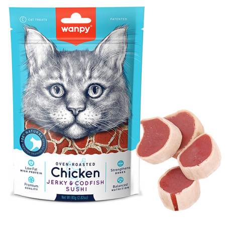 Wanpy Chicken Jerky & Codfish Sushi ВАНПІ СУШІ З КУРКОЮ ТА ТРІСКОЮ ласощі для котів Wanpy Chicken Jerky & Codfish Sushi ВАНПІ СУШІ З КУРКОЮ ТА ТРІСКОЮ ласощі для котів