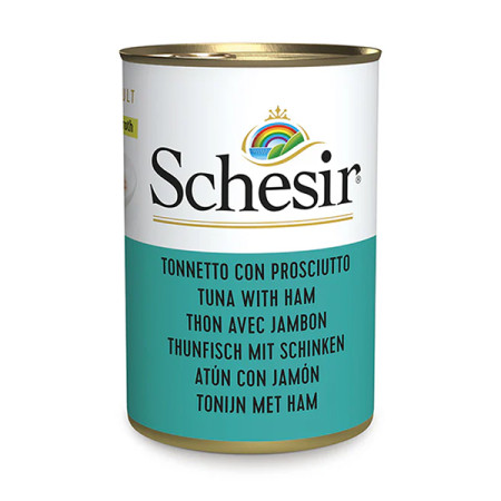 Schesir Tuna with Ham ШЕЗІР ТУНЕЦЬ З ШИНКОЮ в бульйоні натуральні консерви для котів, вологий корм, банка 140г Schesir Tuna with Ham ШЕЗІР ТУНЕЦЬ З ШИНКОЮ в бульйоні натуральні консерви для котів, вологий корм, банка 140г