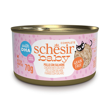 Schesir Ваву Chicken With Salmon ШЕЗІР КУРКА З ЛОСОСЕМ в бульйоні натуральні консерви для кошенят, банка 70г Schesir Ваву Chicken With Salmon ШЕЗІР КУРКА З ЛОСОСЕМ в бульйоні натуральні консерви для кошенят, банка 70г
