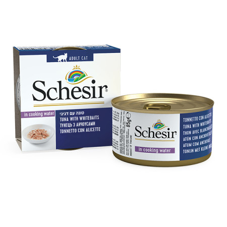 Schesir Tuna with Whitebaits ШЕЗІР ТУНЕЦЬ З АНЧОУСАМИ та рисом в бульйоні натуральні консерви для котів, вологий корм, банка 85г Schesir Tuna with Whitebaits ШЕЗІР ТУНЕЦЬ З АНЧОУСАМИ та рисом в бульйоні натуральні консерви для котів, вологий корм, банка 85г