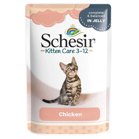 Schesir Kitten Care Chicken ШЕЗІР ФІЛЕ КУРКИ ДЛЯ КОШЕНЯТ натуральні консерви в желе для кошенят, вологий корм, пауч 85г Schesir Kitten Care Chicken ШЕЗІР ФІЛЕ КУРКИ ДЛЯ КОШЕНЯТ натуральні консерви в желе для кошенят, вологий корм, пауч 85г
