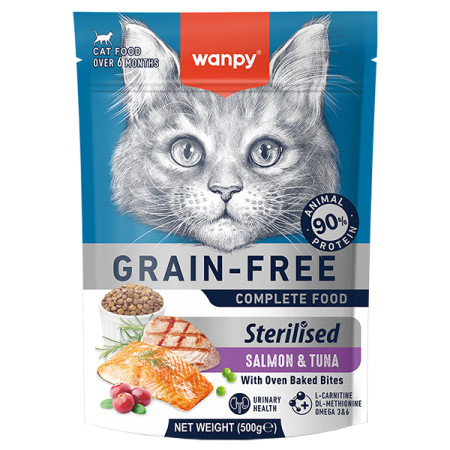 Wanpy Sterilized Cat Grain Free Salmon & Tuna ВАНПІ ЛОСОСЬ З ТУНЦЕМ ДЛЯ СТЕРИЛІЗОВАНИХ сухий беззерновий корм для котів, 500 г Wanpy Sterilized Cat Grain Free Salmon & Tuna ВАНПІ ЛОСОСЬ З ТУНЦЕМ ДЛЯ СТЕРИЛІЗОВАНИХ сухий беззерновий корм для котів, 500 г
