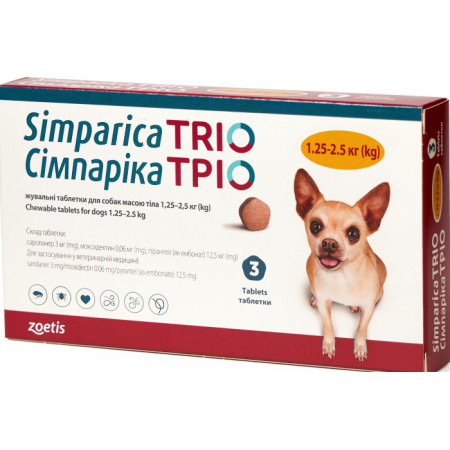 Simparica TRIO - жувальні таблетки від глистів, бліх і кліщів для собак вагою 1,25 кг - 2,5 кг (3 таблетки) Simparica TRIO - жувальні таблетки від глистів, бліх і кліщів для собак вагою 1,25 кг - 2,5 кг (3 таблетки)
