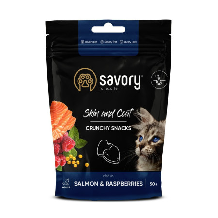Хрусткі ласощі Savory для здоров’я шкіри та шерсті, лосось і малина Хрусткі ласощі Savory для здоров’я шкіри та шерсті, лосось і малина